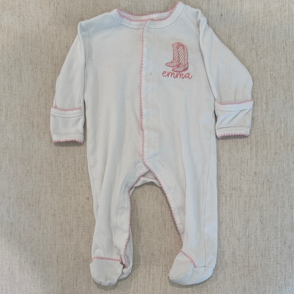 Souther proper “Emma” boot monogrammed footie onesie